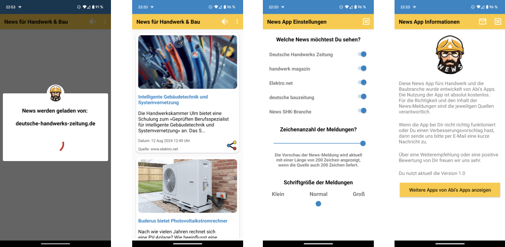 Screenshot der ABIS NEWS App für Handwerk und Bau